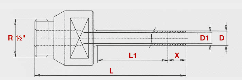 Plan coté d'une couronne diamant à paroi fine : raccord R1/2, Ø intérieur D1, Ø extérieur D, longueur totale L, carottage utile L1