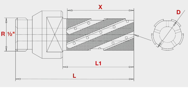Plan coté d'une fraise diamant à segment métallique : raccord R1/2, diamètre D, longueur diamantée X, longueur utile L1, longueur totale L et vue en bout des segments